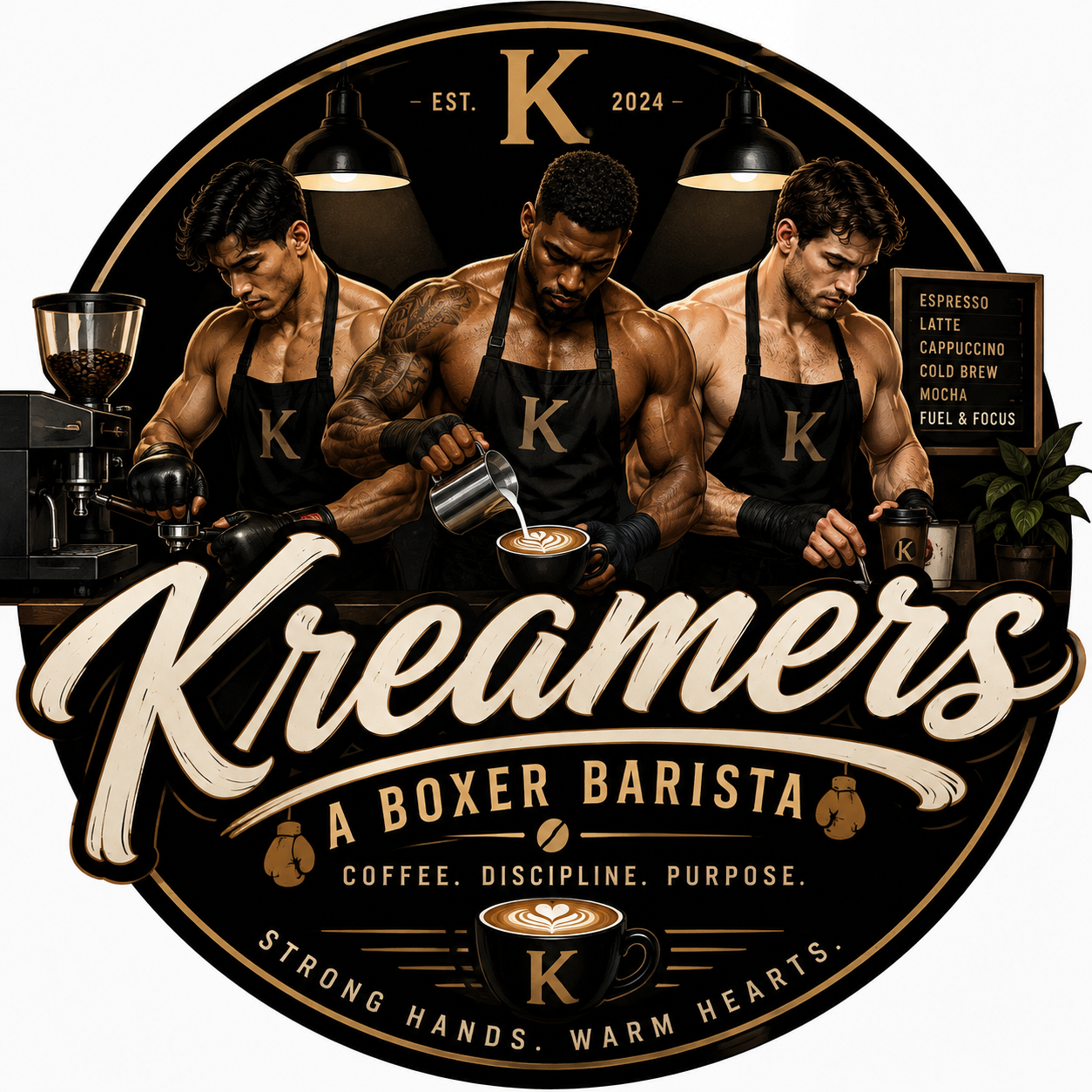 Three Kreamers baristas in aprons behind the espresso counter