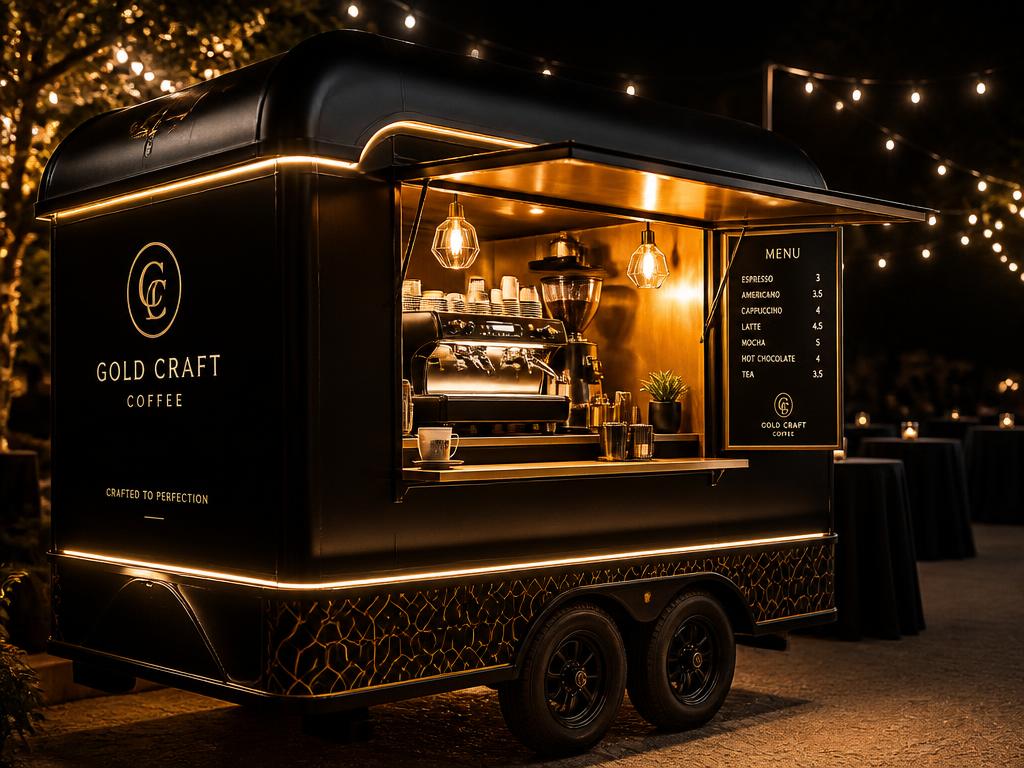 Black and gold Kreamers coffee booth lit up at night at an event