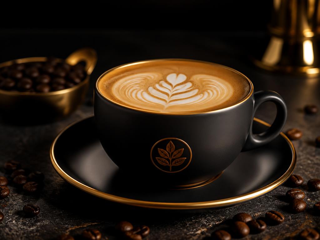 Latte with rosetta art in a matte black gold-rimmed cup surrounded by coffee beans